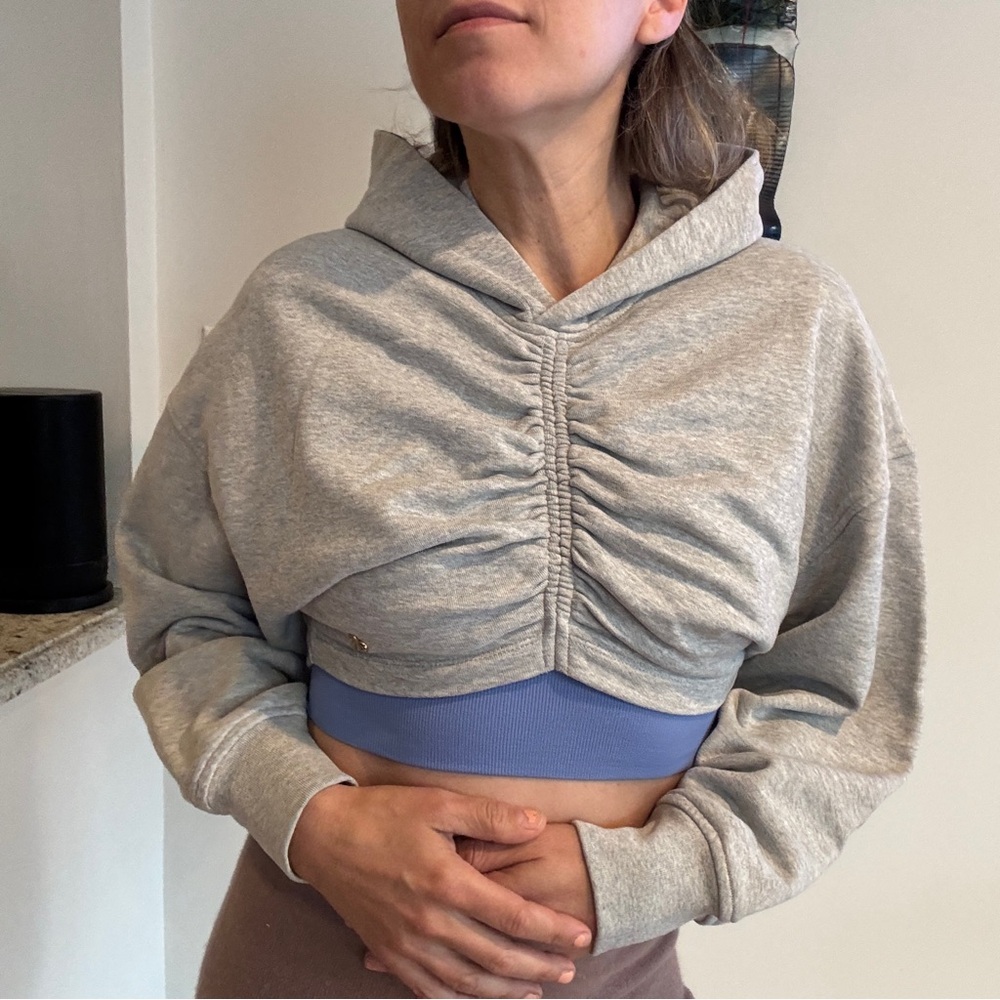 Palm Angels Gray Cropped Ruched Hoodie with Blue Accents